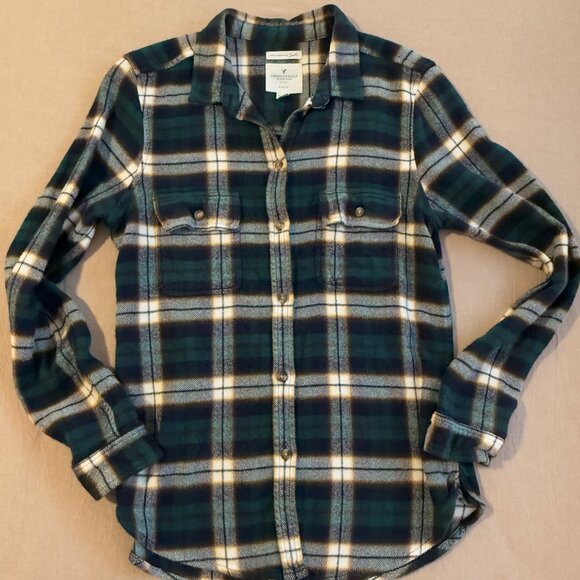 American Eagle Ahh-Mazingly Soft Green Plaid Slim Fit Flannel Button Down Size M - Picture 1 of 6